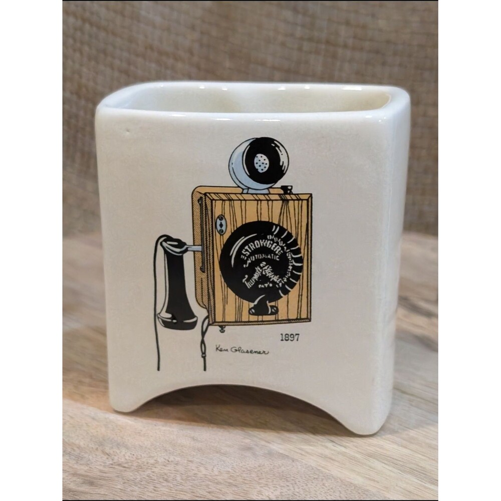 Artist Ken Glasener Antique Phone Graphic Vintage Small Ceramic Container